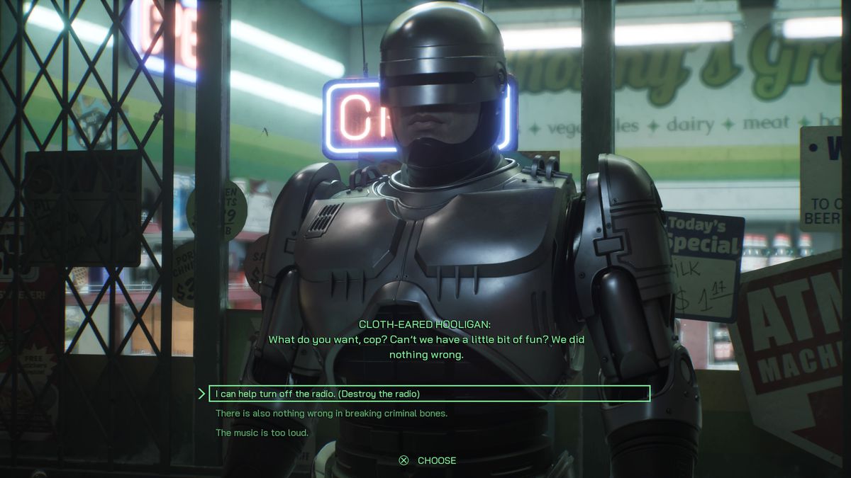 RoboCop parle avec deux hooligans à l'extérieur d'un dépanneur dans RoboCop : Rogue City