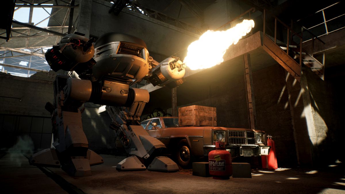 Un ED-209 tire des balles dans une scène d'entrepôt de RoboCop : Rogue City