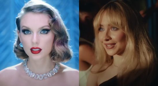 From left to right: screenshots of Taylor Swift in the Bejeweled music video and Sabrina Carpenter in the Nonsense music video.