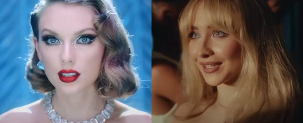From left to right: screenshots of Taylor Swift in the Bejeweled music video and Sabrina Carpenter in the Nonsense music video.