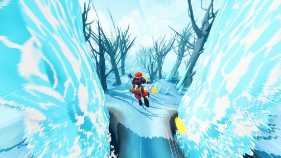 Haste: Broken Worlds on Steam - Une silhouette vêtue de rouge avec de longs cheveux bruns tend la main alors qu'elle saute à travers un gouffre gelé, passant entre deux cascades.
