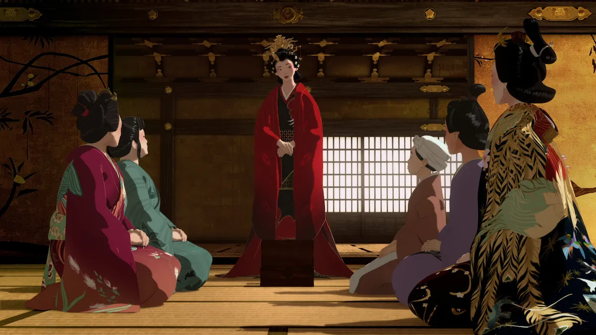 Ce que révèle l’épisode 5 de Blue Eye Samurai sur l’avenir.  Le personnage Akemi parle à un groupe de cinq autres femmes.