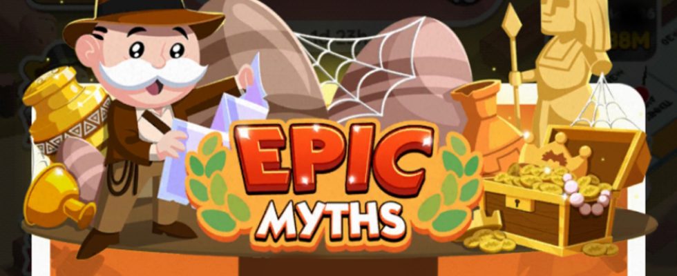A header for the Epic Myths event in Monopoly GO as part of a guide to all the prizes, milestones, rewards available for the event, how to play, and how to win.