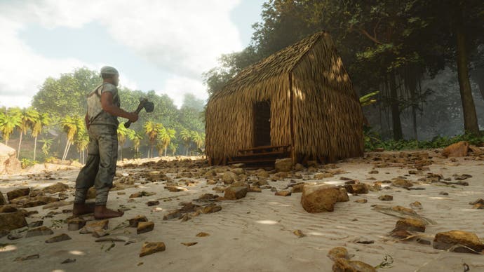 Une capture d'écran d'Ark: Survival Ascended montrant le personnage du joueur se tenant à l'extérieur d'une simple hutte au toit de chaume construite au bord d'une rivière.