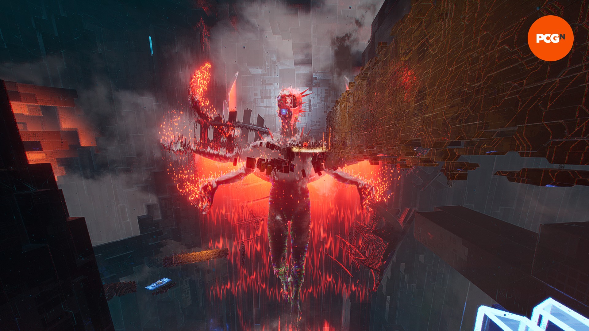 Test de Ghostrunner 2 : Une énorme forme humanoïde composée de pixels avec un œil bleu brillant flotte dans un environnement cyberespace avec ses bras tendus.