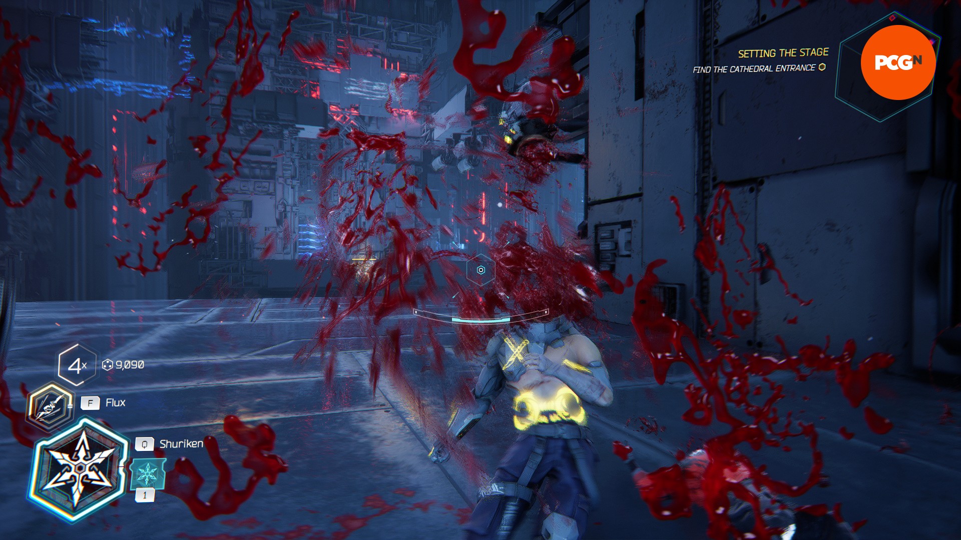 Revue de Ghostrunner 2 : Les restes d'un cadavre vêtu d'une veste jaune éclaboussent l'écran, avec du sang sur la caméra.