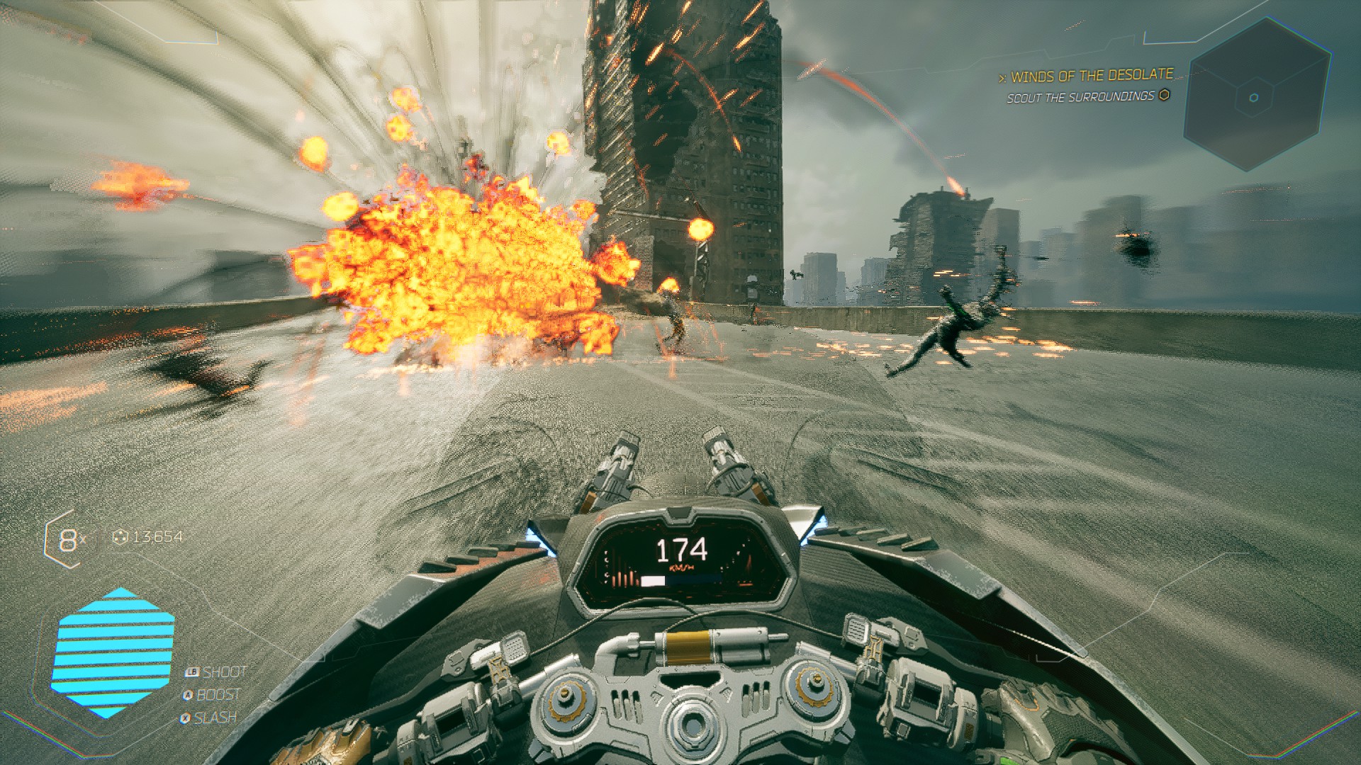 Ghostrunner 2 fait exploser des ennemis à vélo