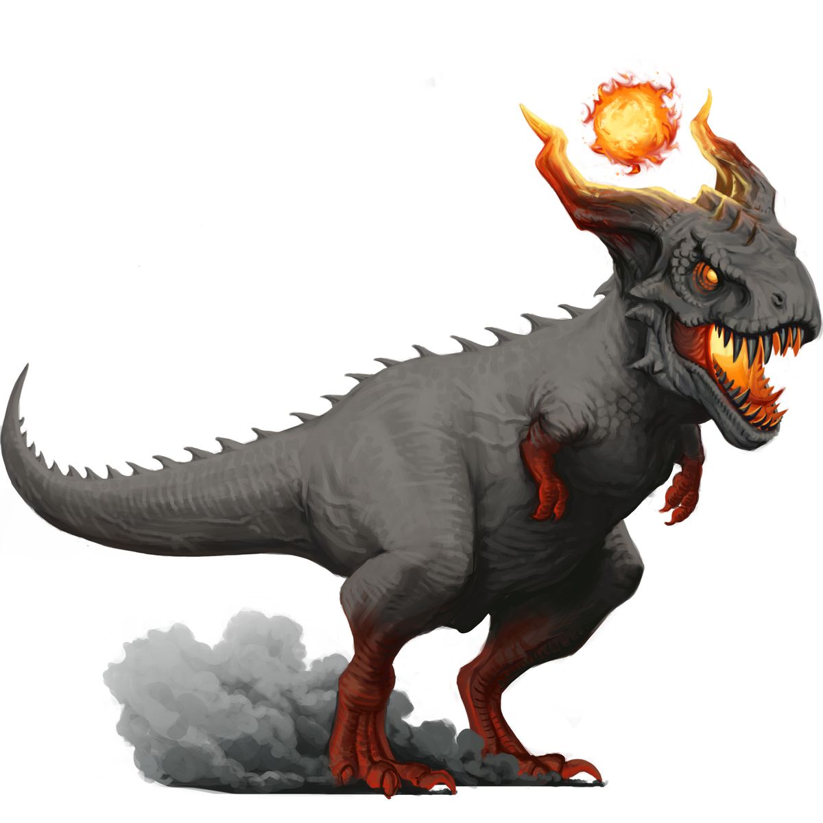 Un grand dynosaure gris en forme à peu près comme un t-rex, mais avec des cornes et une boule de feu au-dessus de la tête.