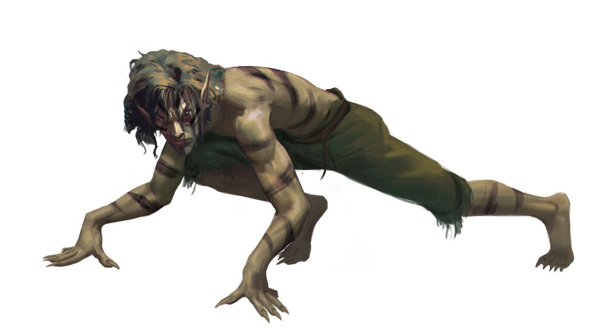 Un personnage masculin avec une peau verte, des taches de terre et des cheveux emmêlés.  Il est à quatre pattes.