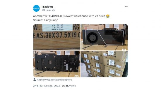 Interdiction des cartes graphiques Nvidia GeForce RTX 4090 AI en Chine : un tweet de @I_Leak_VN montrant des GPU AI de fortune dans une usine.