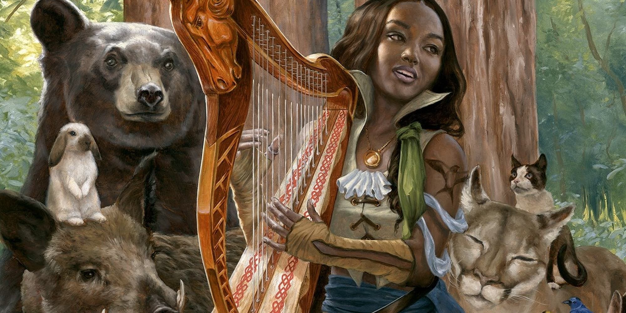 Une femme joue de la harpe entourée d'animaux