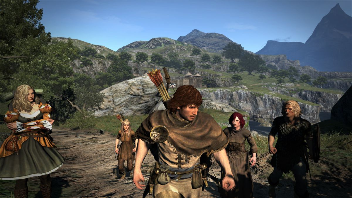 Le personnage du joueur, le compagnon IA créé par le joueur, deux pions et un PNJ font une pause sur une route dans la nature sauvage de Gransys dans Dragon's Dogma : Dark Arisen.