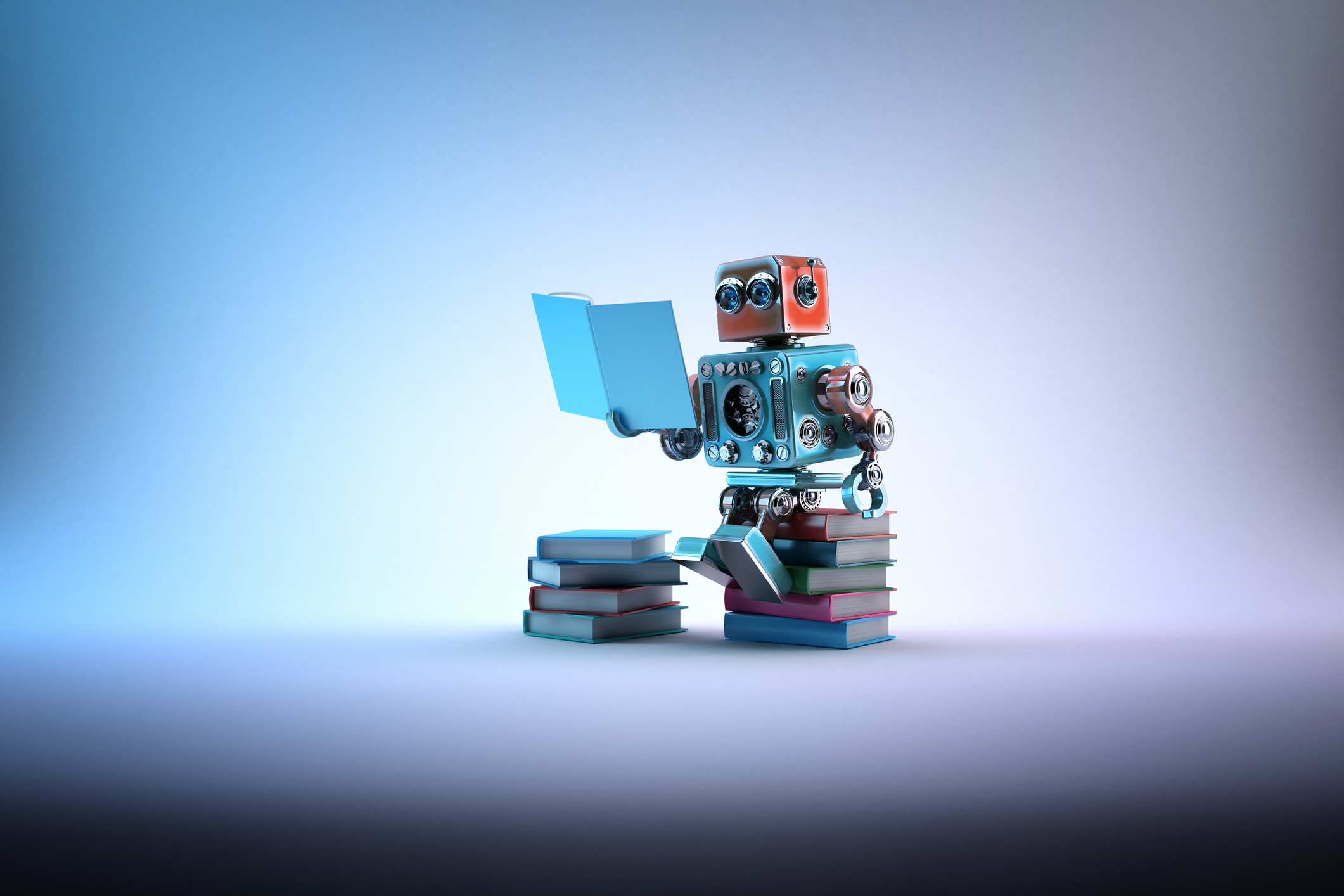 Robot assis sur un tas de livres