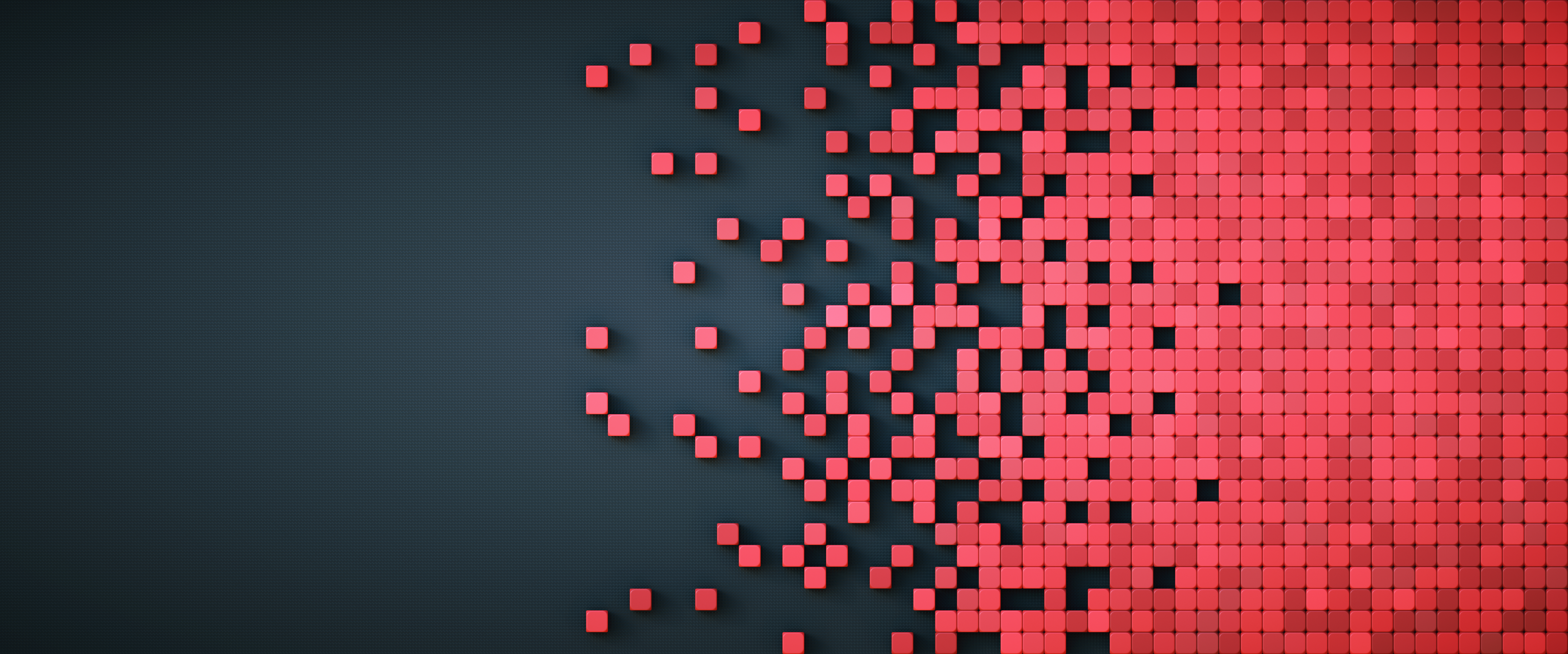Représentation de données pixélisées avec des formes de cubes physiques rouges sur fond artificiel noir, composition carrelable