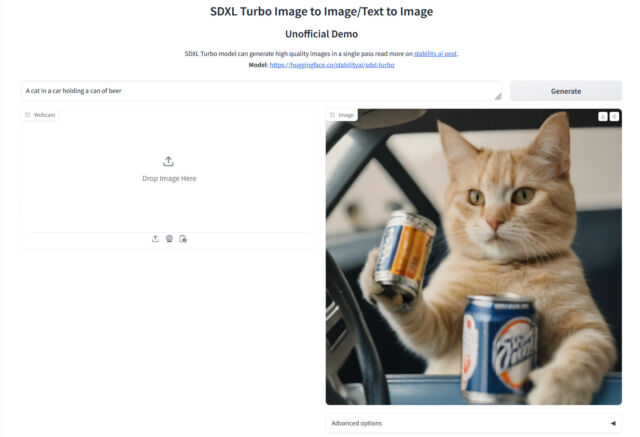 Une capture d'écran de la page de démonstration non officielle SDXL Turbo sur Hugging Face.  Chat obligatoire avec bière atteinte.