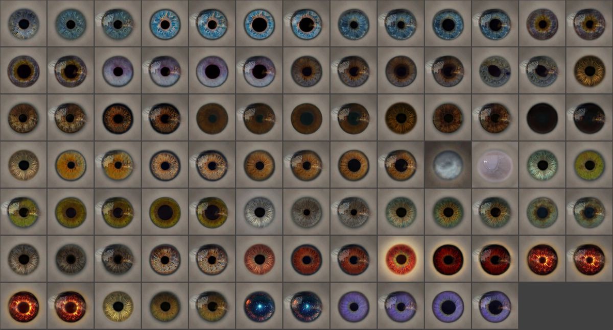 Un collage de nombreuses couleurs fantaisistes différentes que votre personnage Starfield peut avoir si vous installez le mod The Eyes of Beauty.