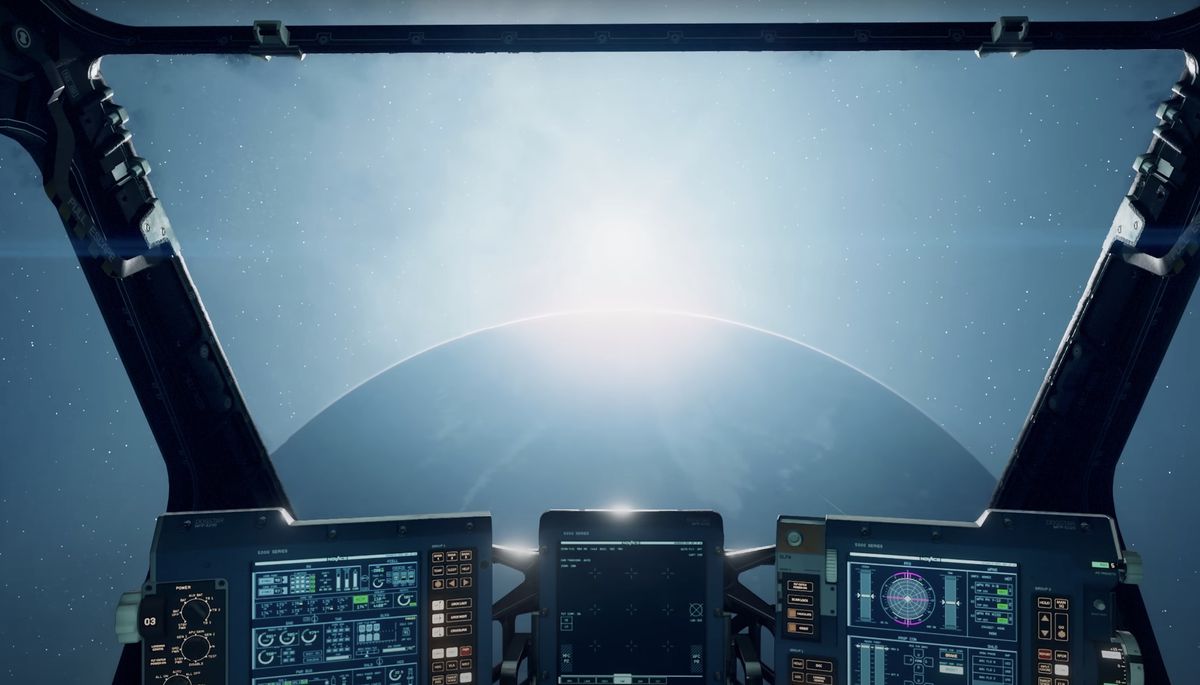 Une capture d'écran de Starfield où vous pouvez voir l'avant d'un navire, depuis un cockpit.