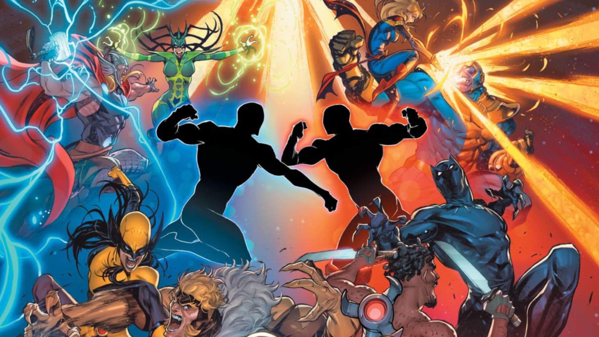 Plusieurs héros se battent autour de deux personnages noircis dans les illustrations du jeu de rôle Marvel Multiverse