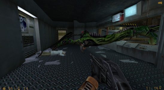 The Half-Life tentacle monster smashes through the window of the Blast Pit control room