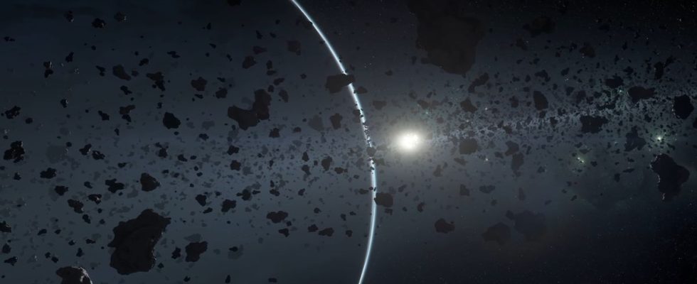 A ringed planet silhoutted against a star in Star Citizen