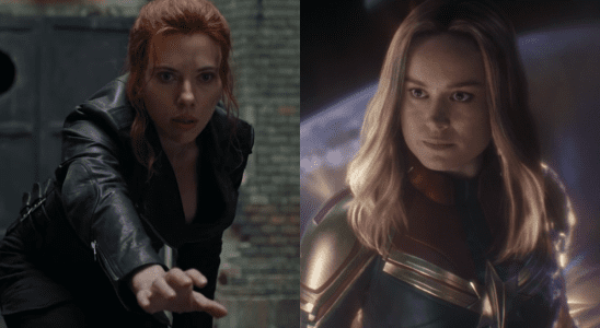 A side-by-side picture of Scarlett Johansson as Black Widow and Brie Larson as Captain Marvel