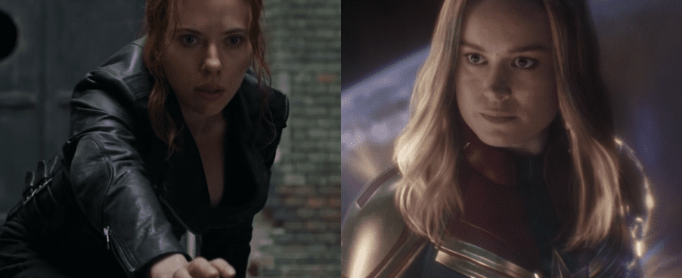 A side-by-side picture of Scarlett Johansson as Black Widow and Brie Larson as Captain Marvel