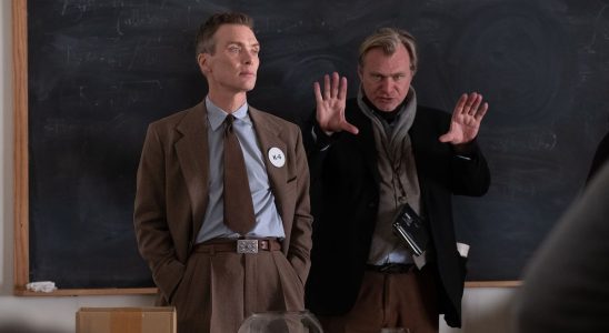 Christopher Nolan directing Cillian Murphy on Oppenheimer set