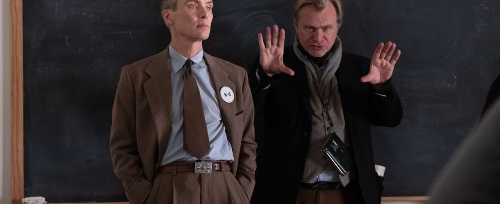 Christopher Nolan directing Cillian Murphy on Oppenheimer set
