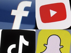 Cette combinaison de photos 2017-2022 montre les logos de Facebook, YouTube, TikTok et Snapchat sur les appareils mobiles.