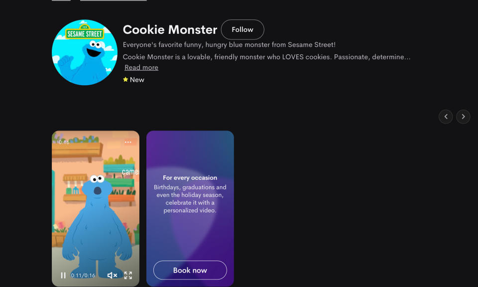 Capture d'écran de la page produit pour les salutations Cookie Monster (alimentées par l'IA) sur Cameo.