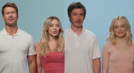 Glen Powell and Sydney Sweeney in front of Anyone But You trailer, Nathan Fielder and Emma Stone spoof