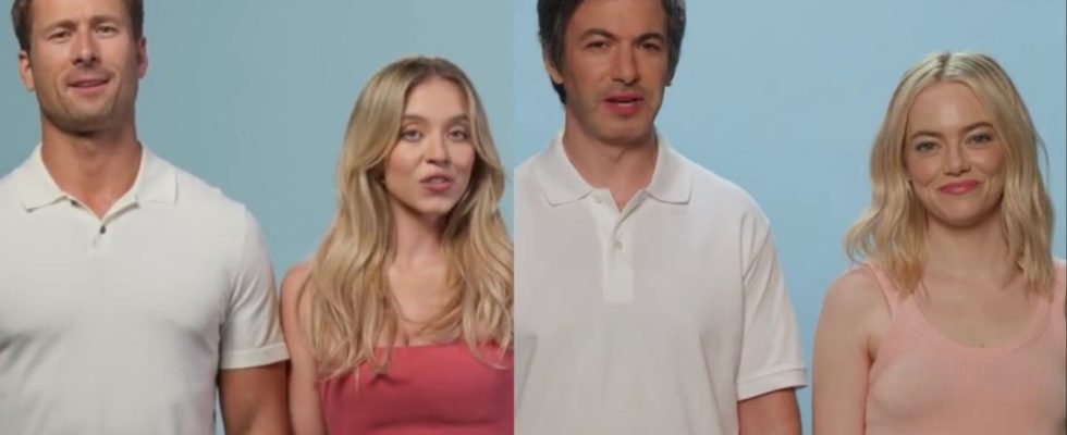 Glen Powell and Sydney Sweeney in front of Anyone But You trailer, Nathan Fielder and Emma Stone spoof