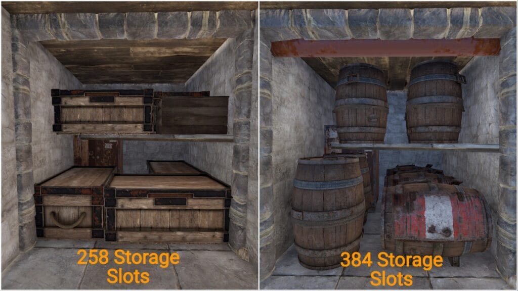 Comparaison du stockage de grandes boîtes en bois et de tonneaux à Rust