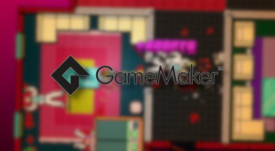 GameMaker logo with a blurry screenshot from Hotline Miami behind it.
