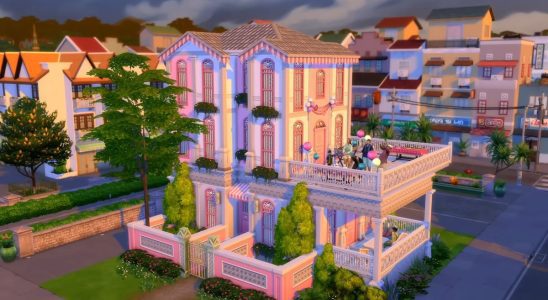 The Sims 4: For Rent reveal trailer--a large pink apartment building with Sims partying on a terrace