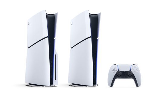 Two PS5 consoles and a control pad on a white background.