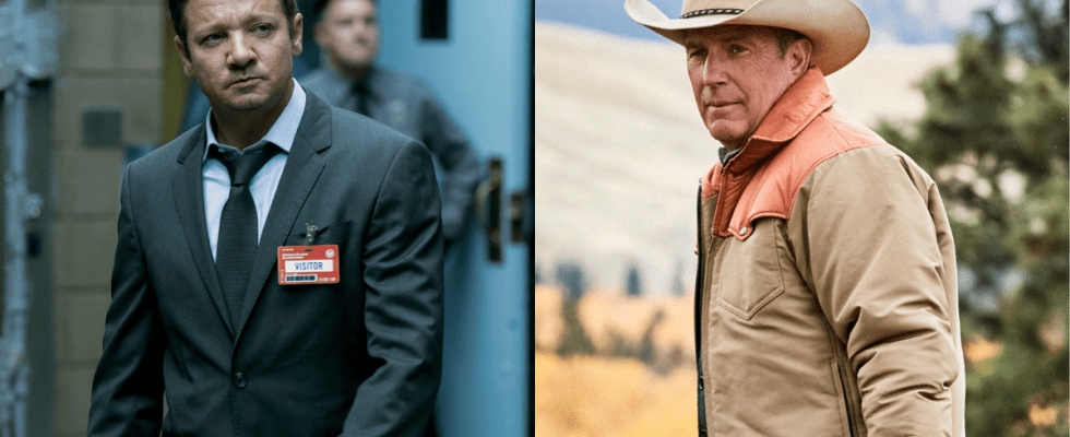 From left to right: press images of Jeremy Renner walking through a prison in Mayor of Kingstown and Kevin Costner looking back in Yellowstone.