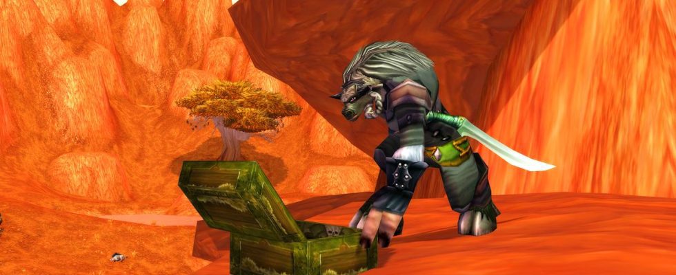 World of Warcraft Tauren character reaching into an open treasure chest
