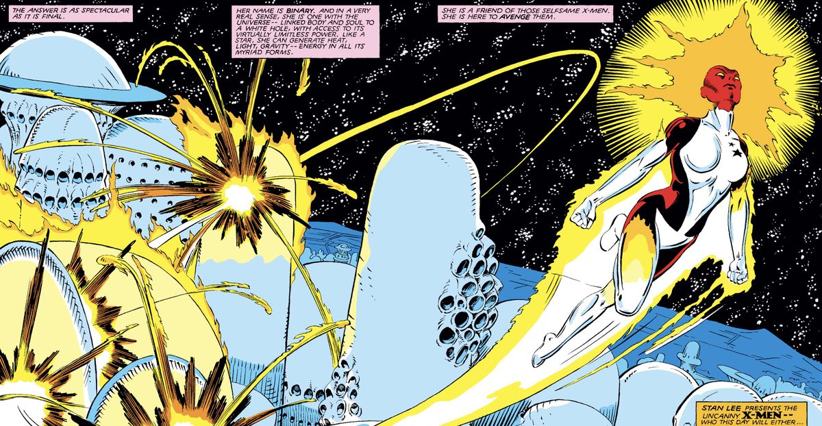 Dans son costume rouge et blanc avec une étoile brillante autour de la tête et une traînée de lumière coulant derrière elle alors qu'elle survole un paysage extraterrestre dans Uncanny X-Men #166. 