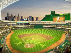 Ce rendu fourni par Oakland Athletics le 26 mai 2023 montre une vue de leur nouveau stade de baseball proposé sur le site Tropicana de Las Vegas.
