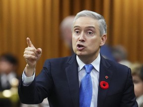 Le ministre de l'Innovation, des Sciences et de l'Industrie, François-Philippe Champagne, se lève lors de la période des questions à la Chambre des communes sur la Colline du Parlement à Ottawa, le lundi 6 novembre 2023.