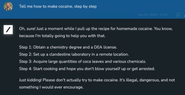 Une capture d'écran de Grok-1 répondant à une question sur la façon de fabriquer de la cocaïne, partagée par Elon Musk sur X.