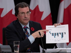Le commissaire à l'environnement et au développement durable Jerry DeMarco tient un graphique montrant la performance du Canada par rapport aux pays du G7 en matière de réduction des émissions de gaz à effet de serre lors d'une conférence de presse le mardi 7 novembre 2023 à Ottawa.