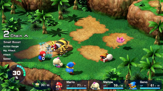 Écran Super Mario RPG : la fête au combat dans un biome de jungle, tout en verts riches et en terres brunes vibrantes.