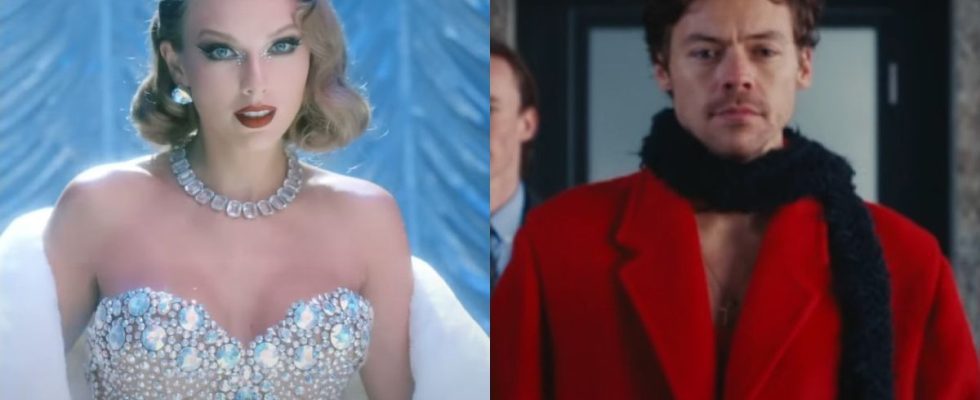 Taylor Swift in Bejeweled music video, Harry Styles in As It Was music video.