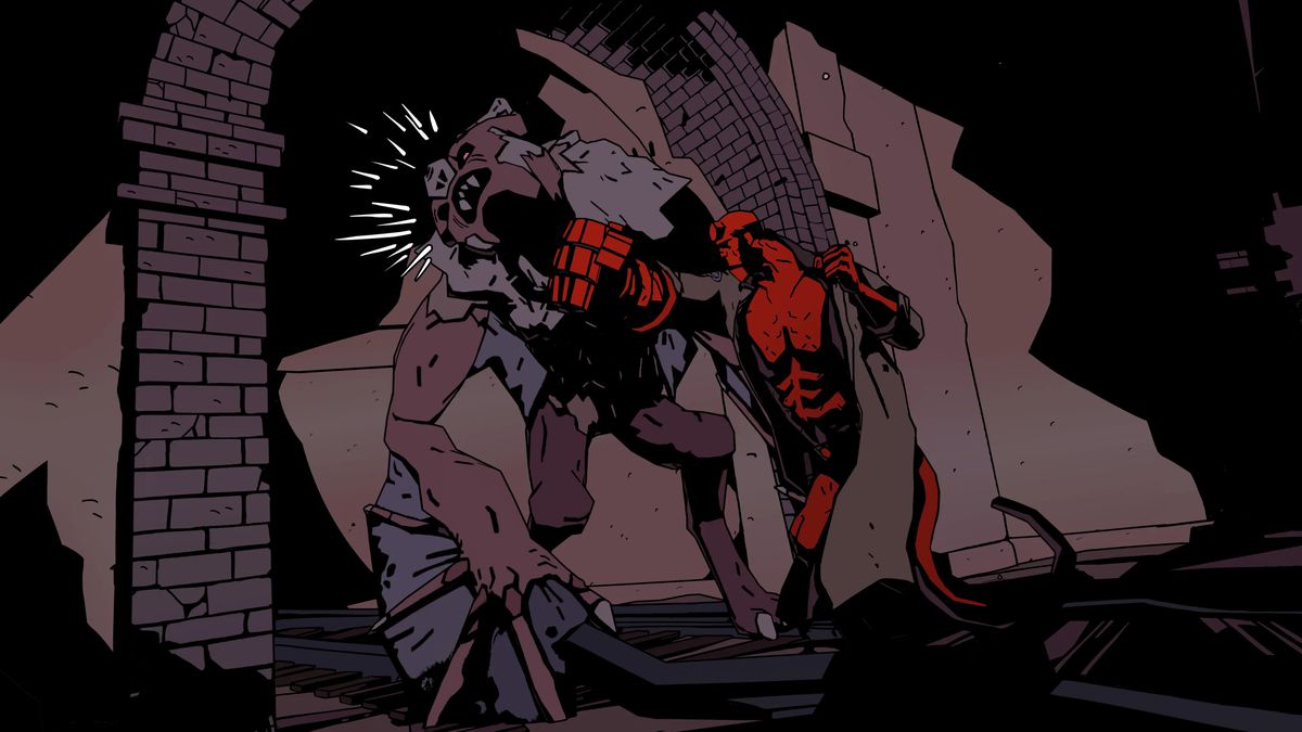 Hellboy frappe une créature ressemblant à une chauve-souris dans Hellboy Web of Wyrd.