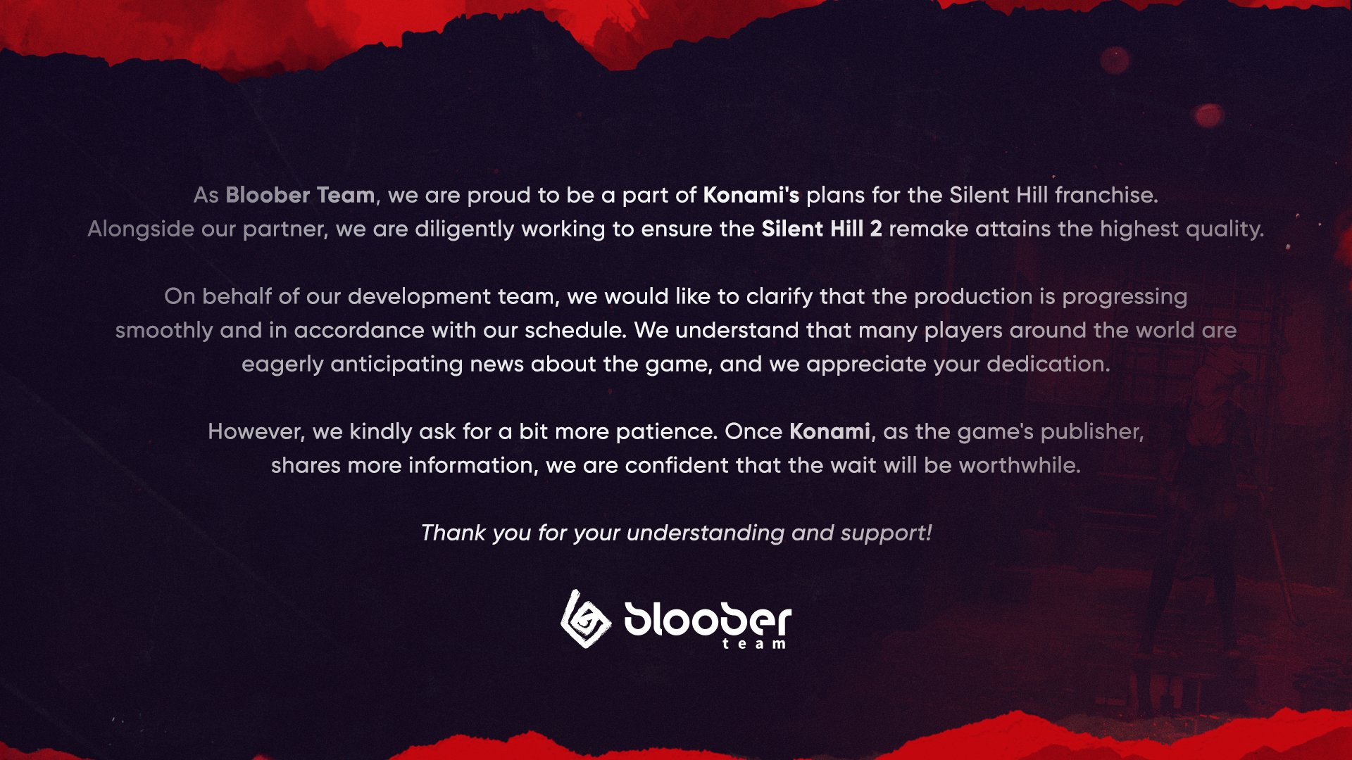 Une déclaration détaillant le développement actuel par Bloober Team du remake de Silent Hill 2, qui avance à un rythme soutenu.
