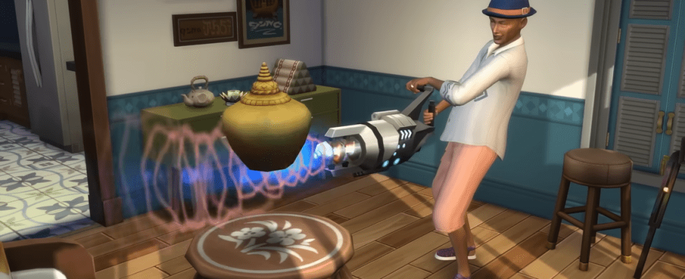 The Sims 4: For Rent - a landlord Sim fires a big laser at a levitating vase