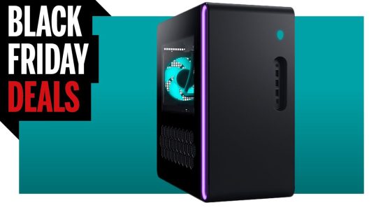 Black Alienware PC case with pink LED strip on a blue background with Black Friday Deals logo