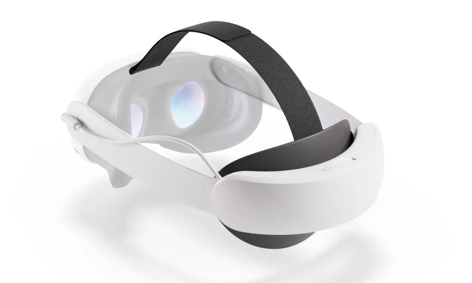Image marketing du produit de la sangle Meta Quest 3 Elite avec accessoire de batterie.  Le module complémentaire se connecte au casque VR, ajoutant un contrepoids à l’arrière de la tête.  Il flotte sur un fond blanc uni.